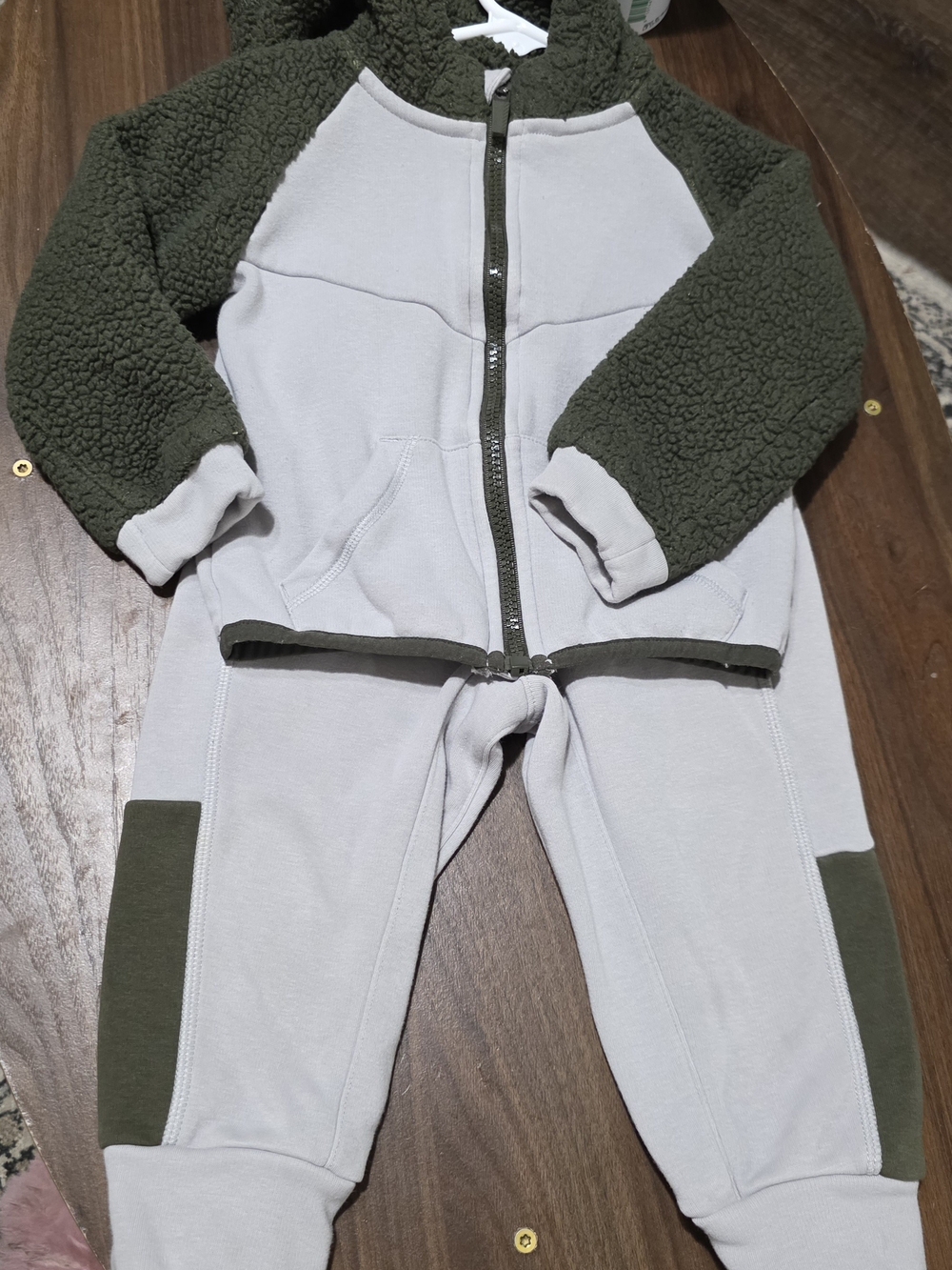 Athletic Works Olive & Light Gray Zip Front Sherpa Sleeve Jumpsuit